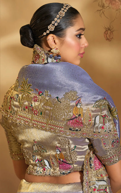 Lavender Silk Heavy Embroidery & Hand Work Saree