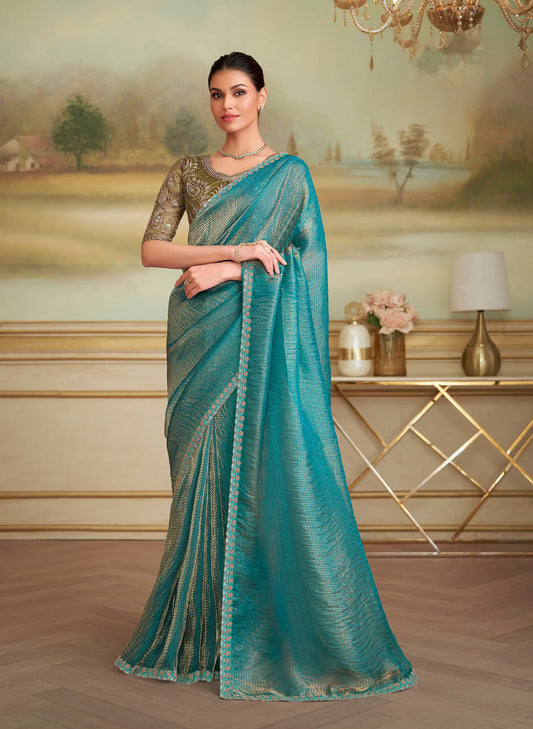 Teal Blue Checks Georgette Embroidery Saree