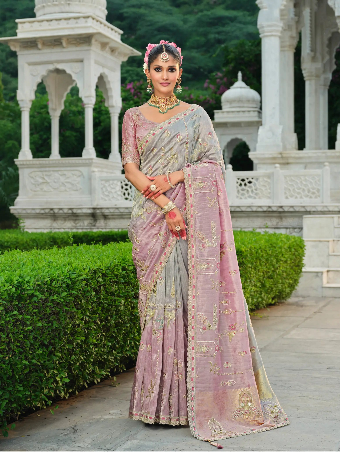 Pink-Grey Heavy Embroidery Zari Silk Saree