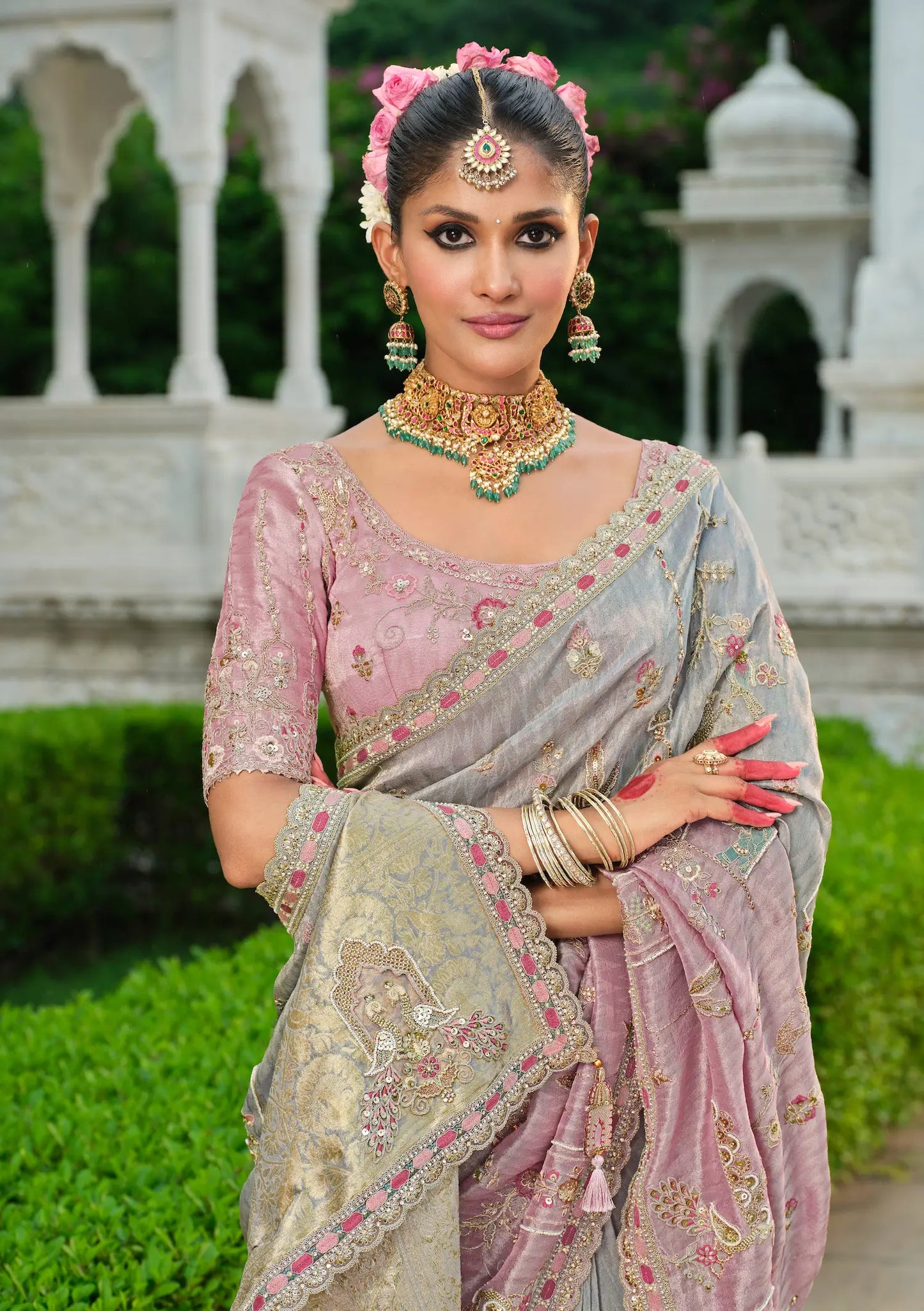 Pink-Grey Heavy Embroidery Zari Silk Saree
