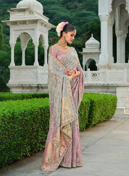 Pink-Grey Heavy Embroidery Zari Silk Saree