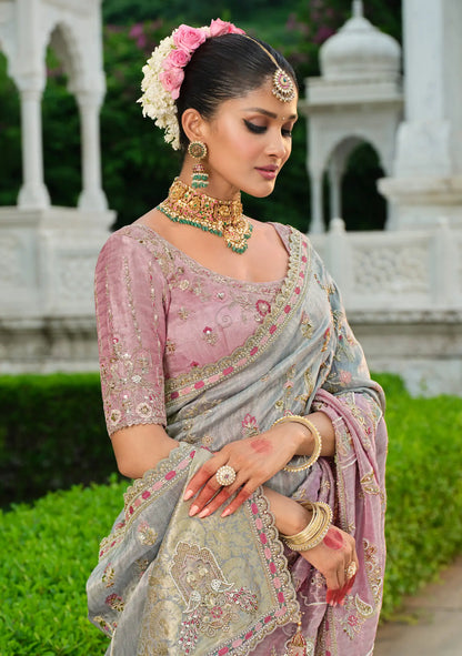 Pink-Grey Heavy Embroidery Zari Silk Saree