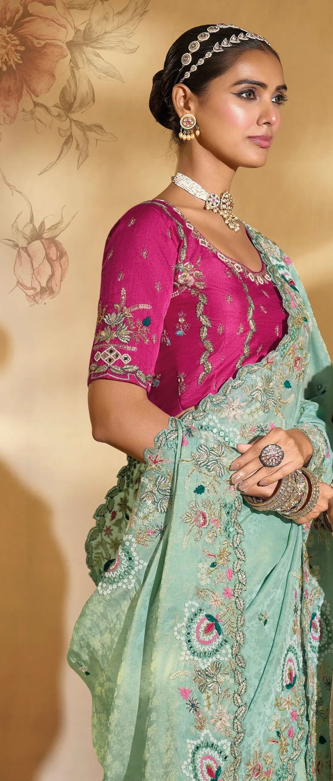 Sea Green Silk Heavy Embroidery & Hand Work Saree