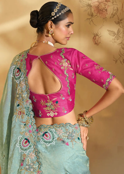 Sea Green Silk Heavy Embroidery & Hand Work Saree