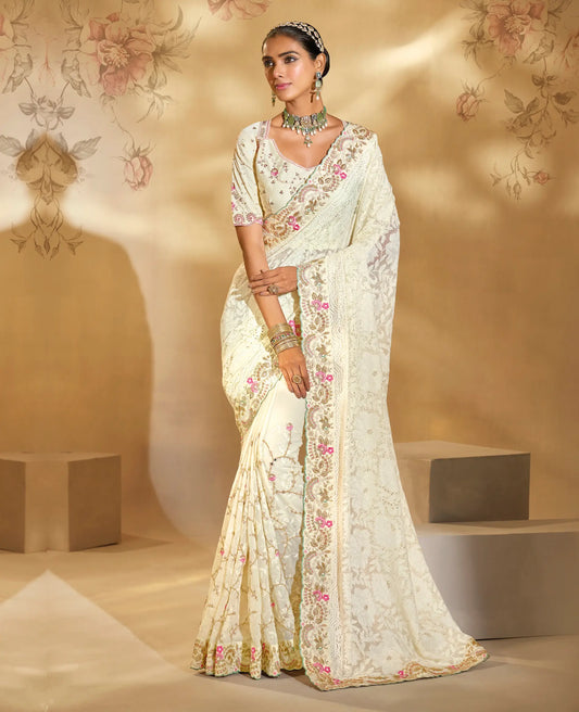 Off White Georgette Heavy Embroidery & Hand Work Saree