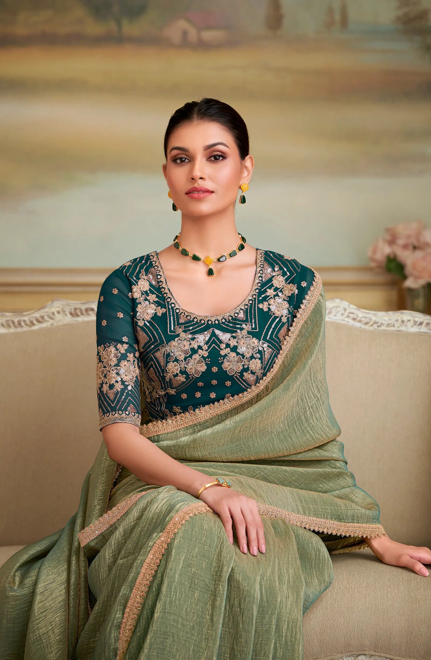 Pista Green Golden Georgette Embroidery Saree