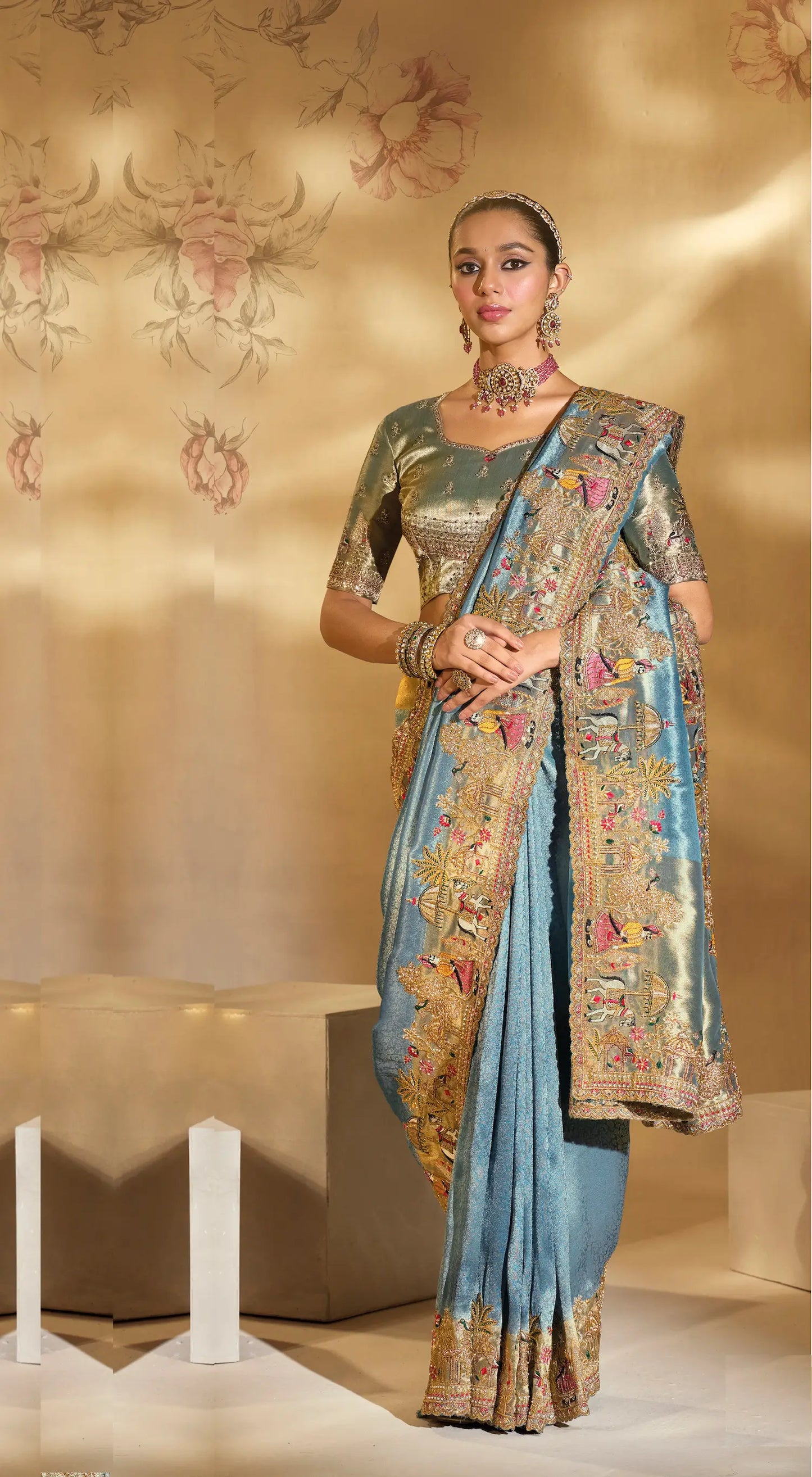 Teal Blue Silk Heavy Embroidery & Hand Work Saree
