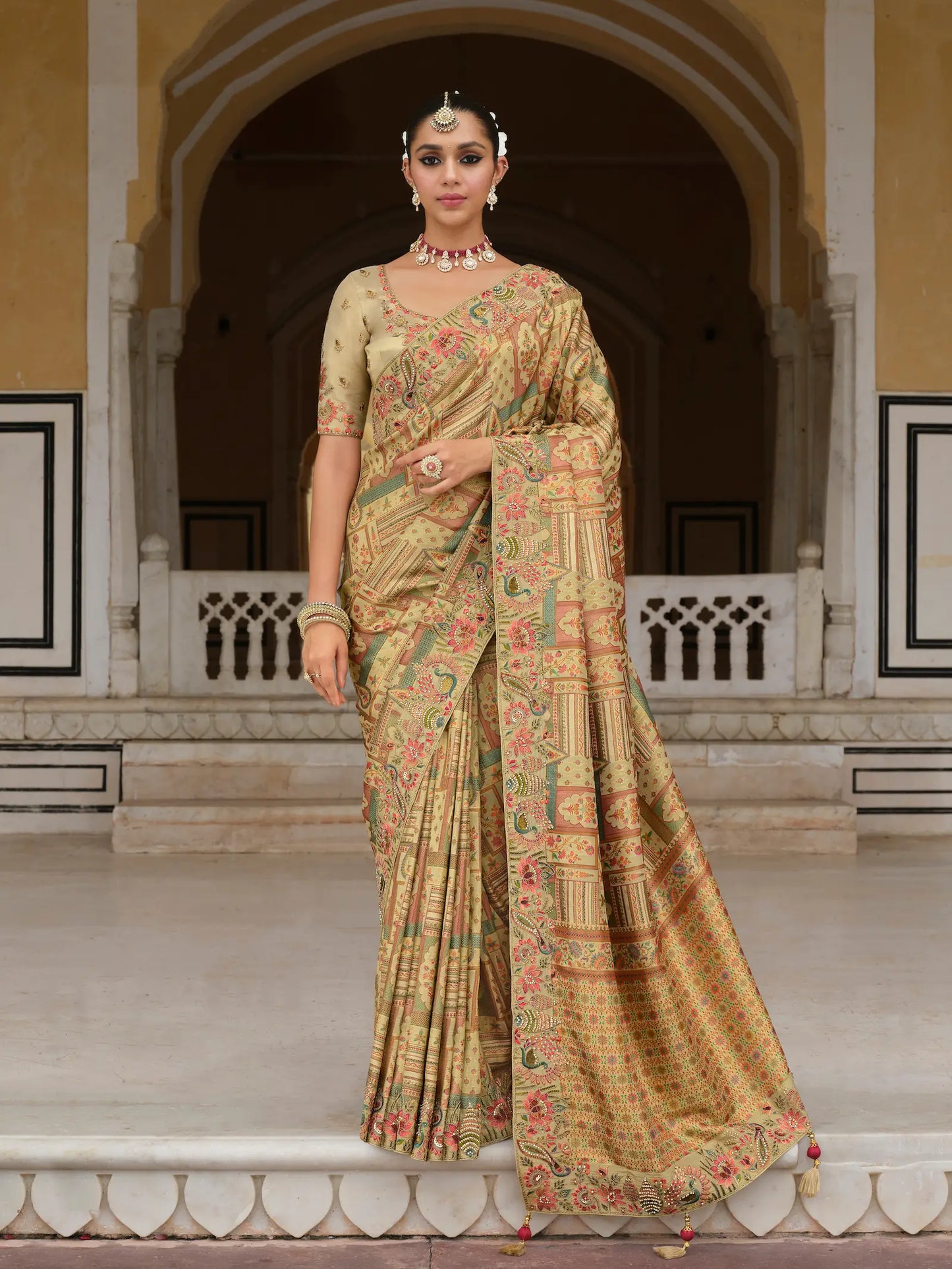 Sand Beige Heavy Embroidery Zari Silk Saree