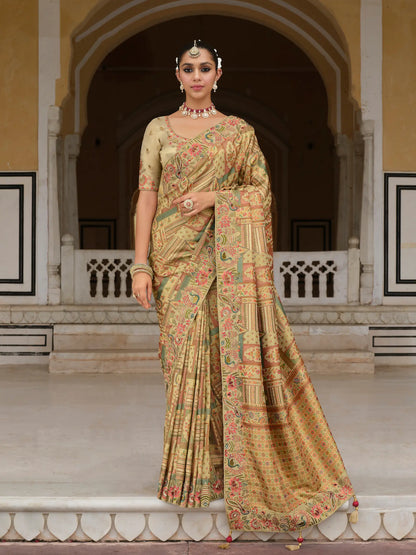 Sand Beige Heavy Embroidery Zari Silk Saree