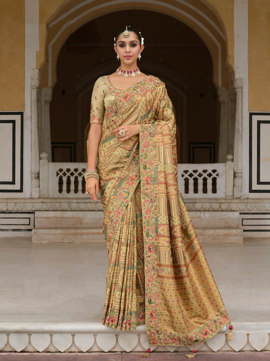 Sand Beige Heavy Embroidery Zari Silk Saree