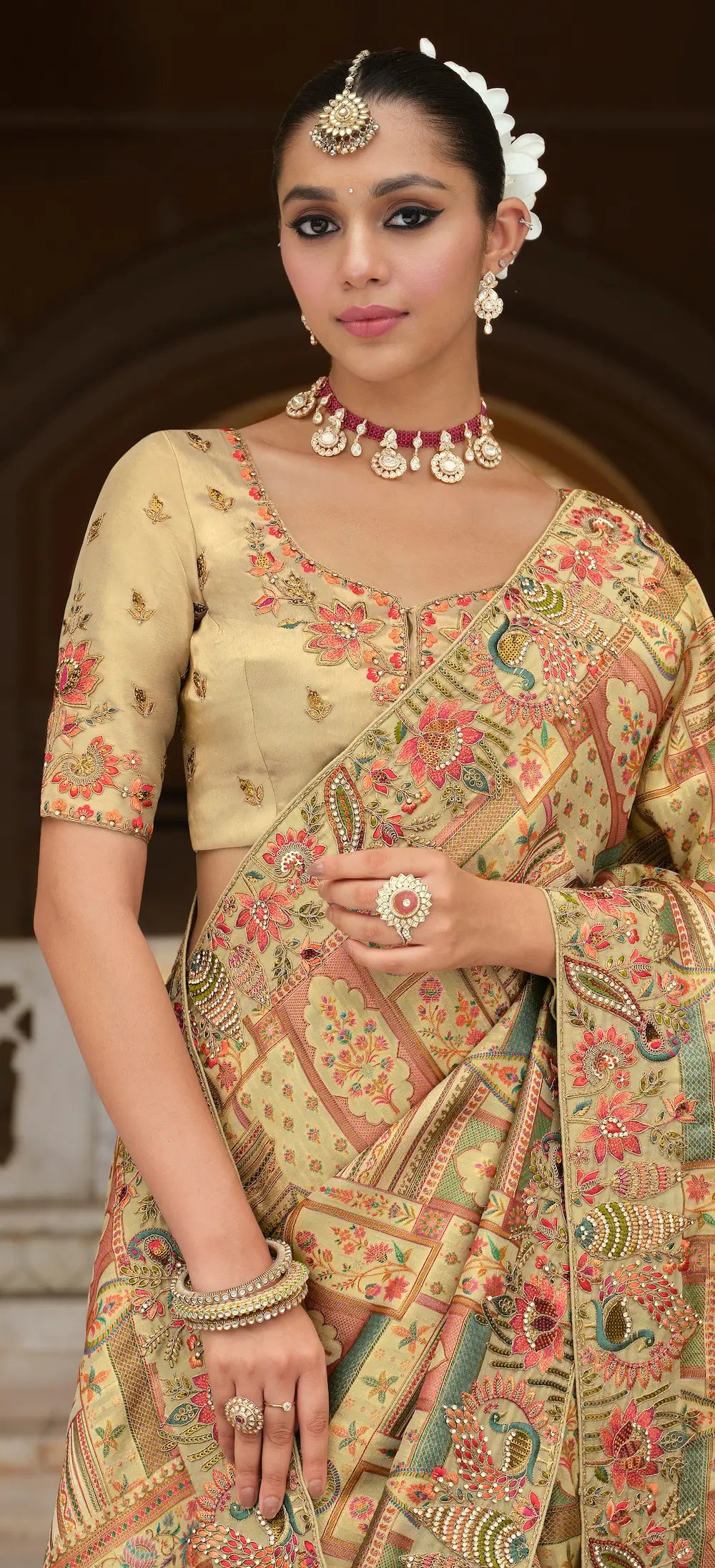 Sand Beige Heavy Embroidery Zari Silk Saree