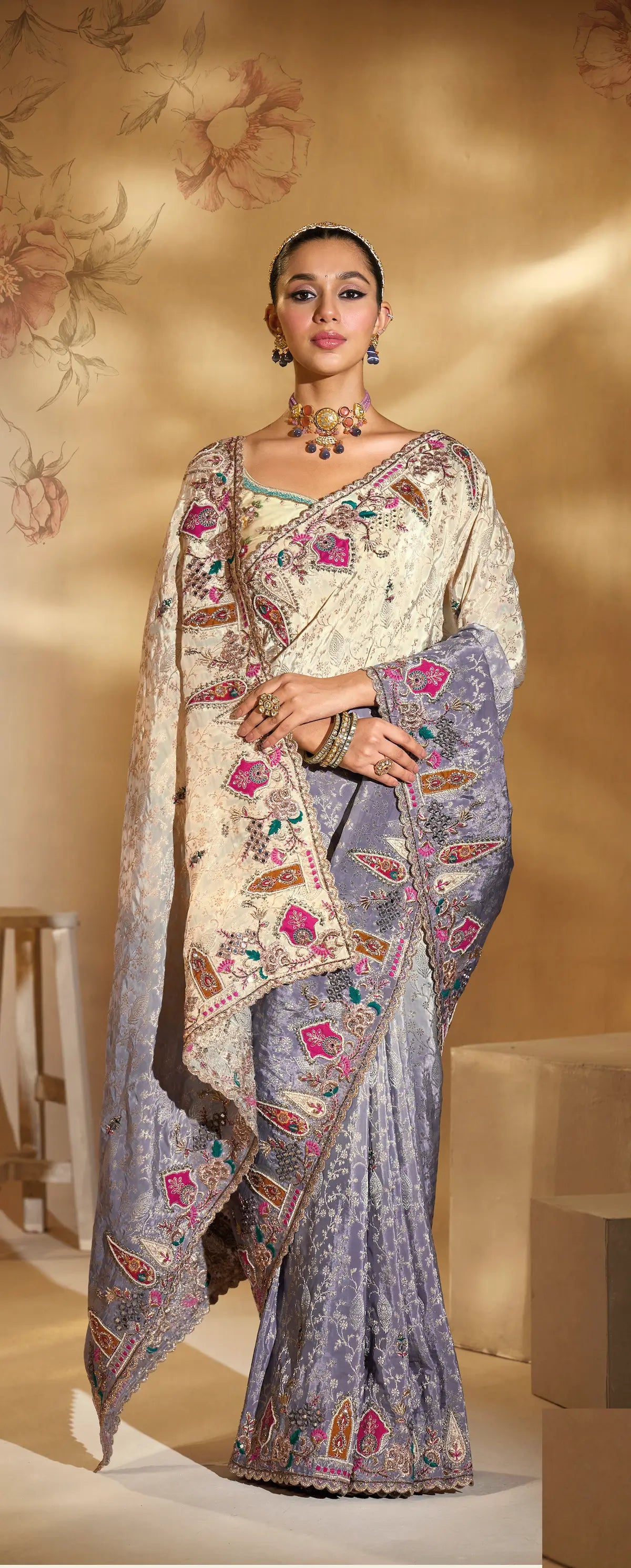 Beige-Grey Crepe Silk Heavy Embroidery & Hand Work Saree