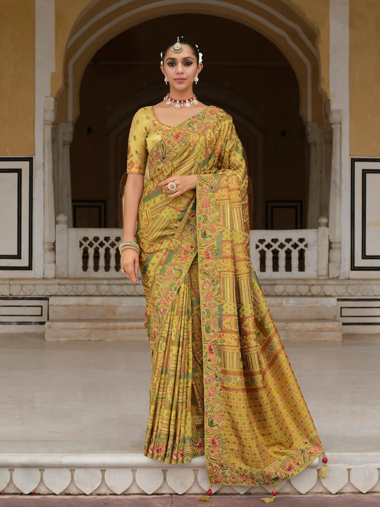 Ginger Yellow Heavy Embroidery Zari Silk Saree