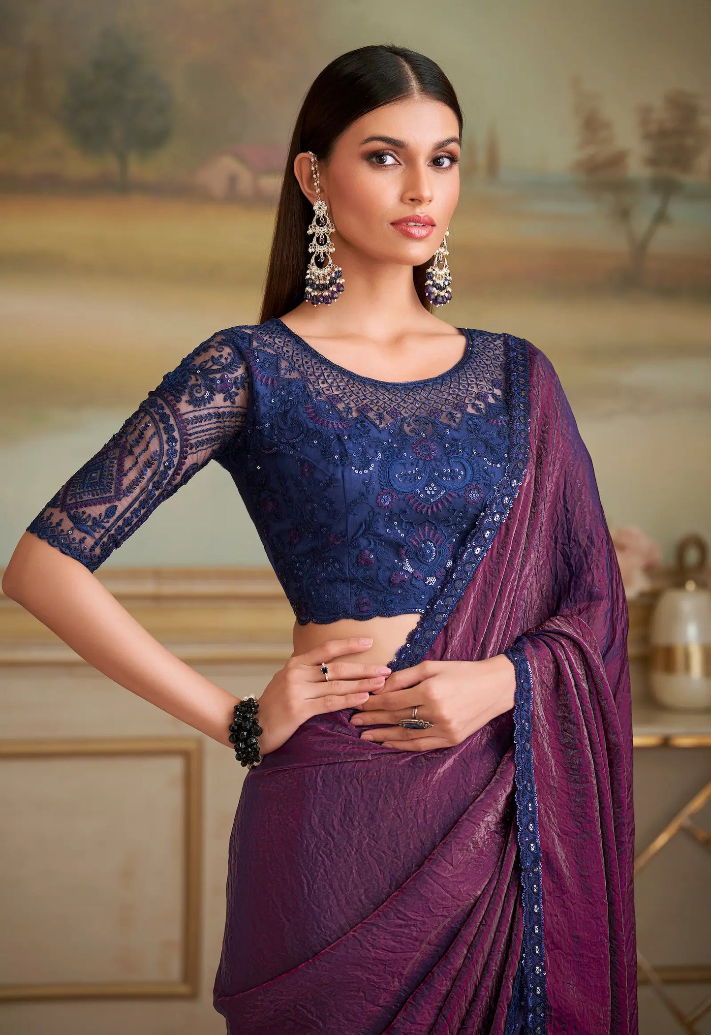 Wine Berry Twilight Georgette Embroidery Saree
