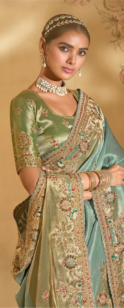 Smoky Green Silk Heavy Embroidery & Hand Work Saree