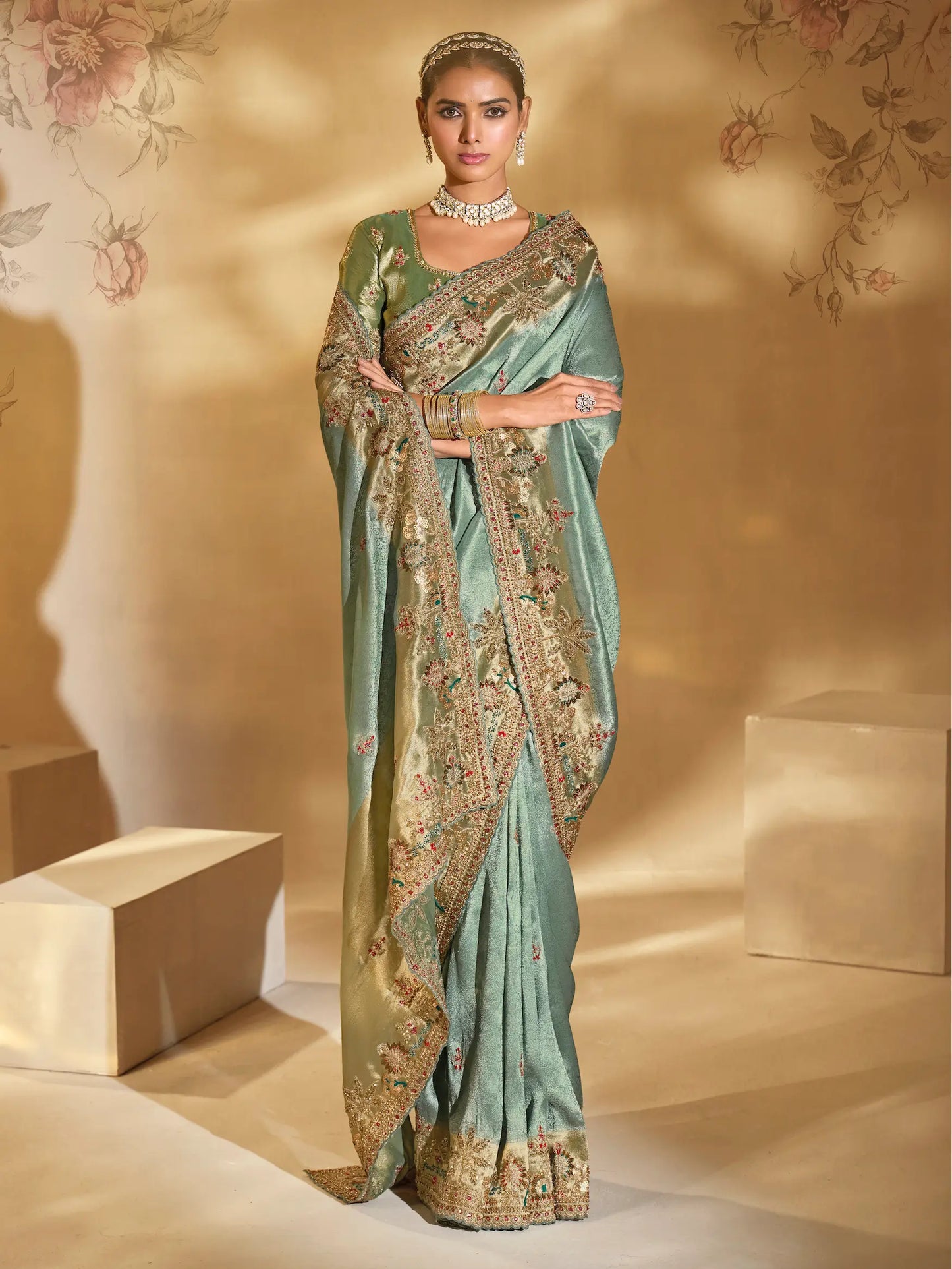 Smoky Green Silk Heavy Embroidery & Hand Work Saree