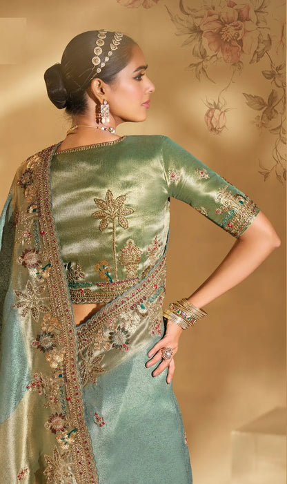 Smoky Green Silk Heavy Embroidery & Hand Work Saree