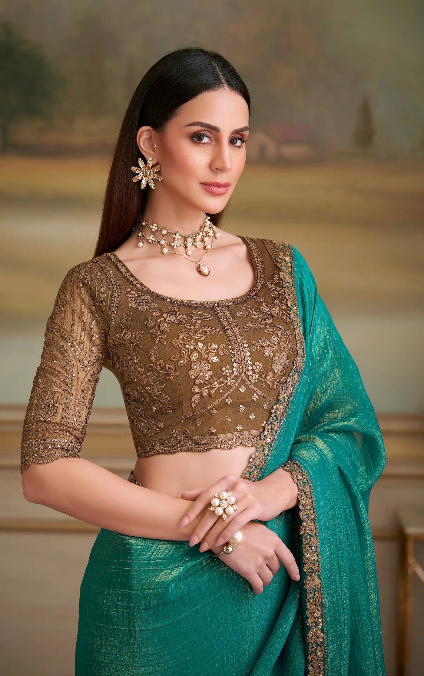 Teal Green Golden Georgette Embroidery Saree