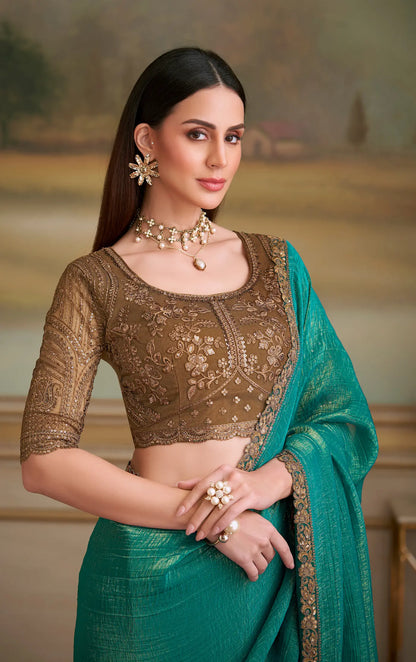 Teal Green Golden Georgette Embroidery Saree