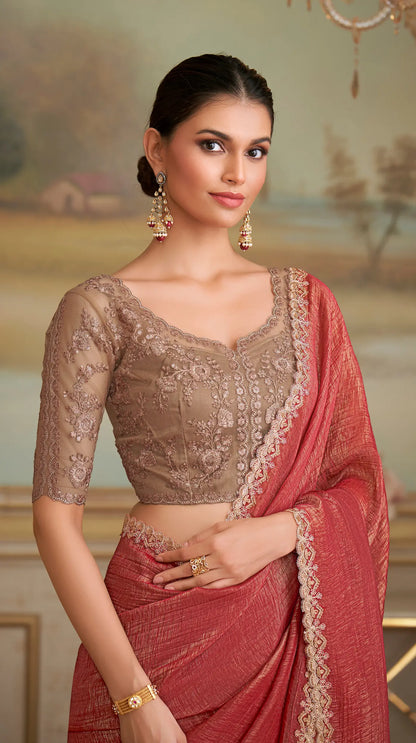 Rust Orange Golden Georgette Embroidery Saree