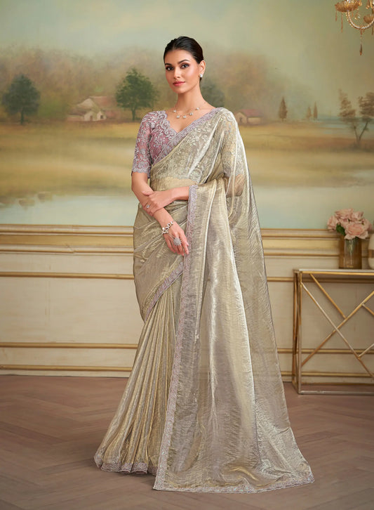 Golden Beige Tissue Georgette Embroidery Saree