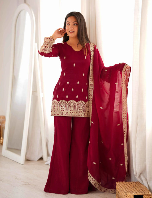 Maroon Embroidered Silk Salwar Suit