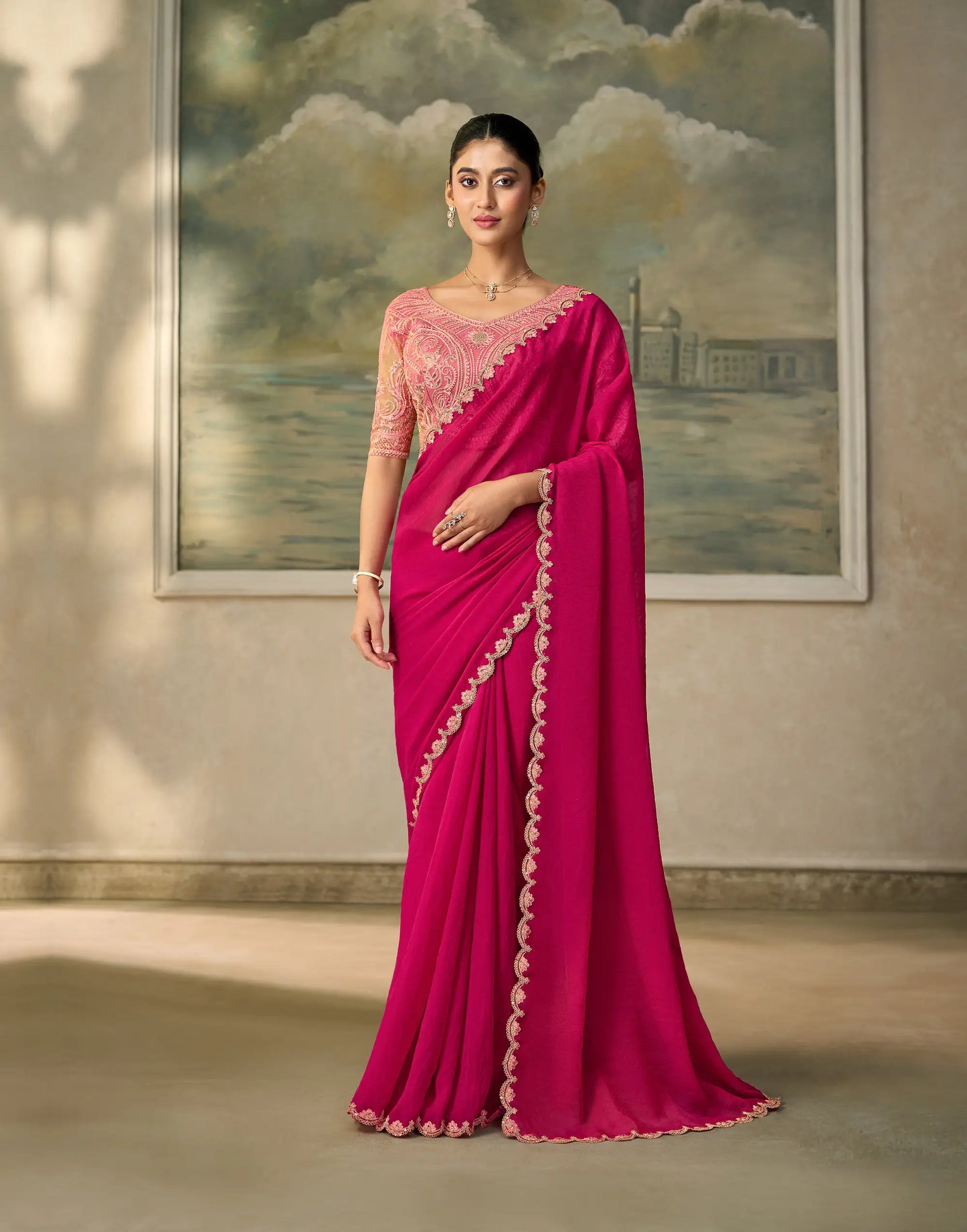 Cherry Red Georgette Embroidery Border Saree