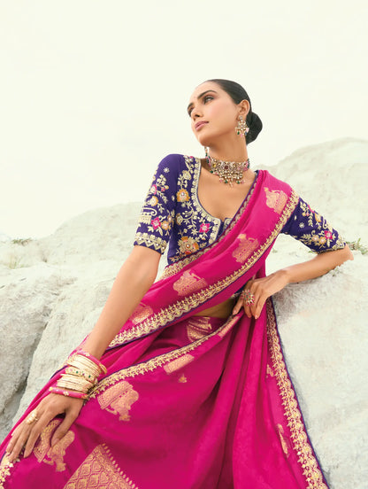 Rani Pink Organza Satin Heavy Embroidery Saree