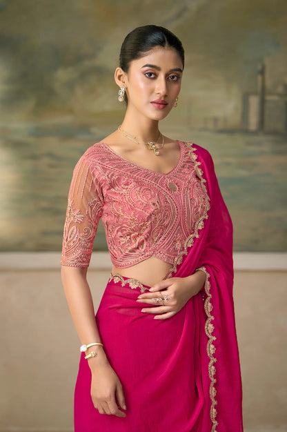 Cherry Red Georgette Embroidery Border Saree