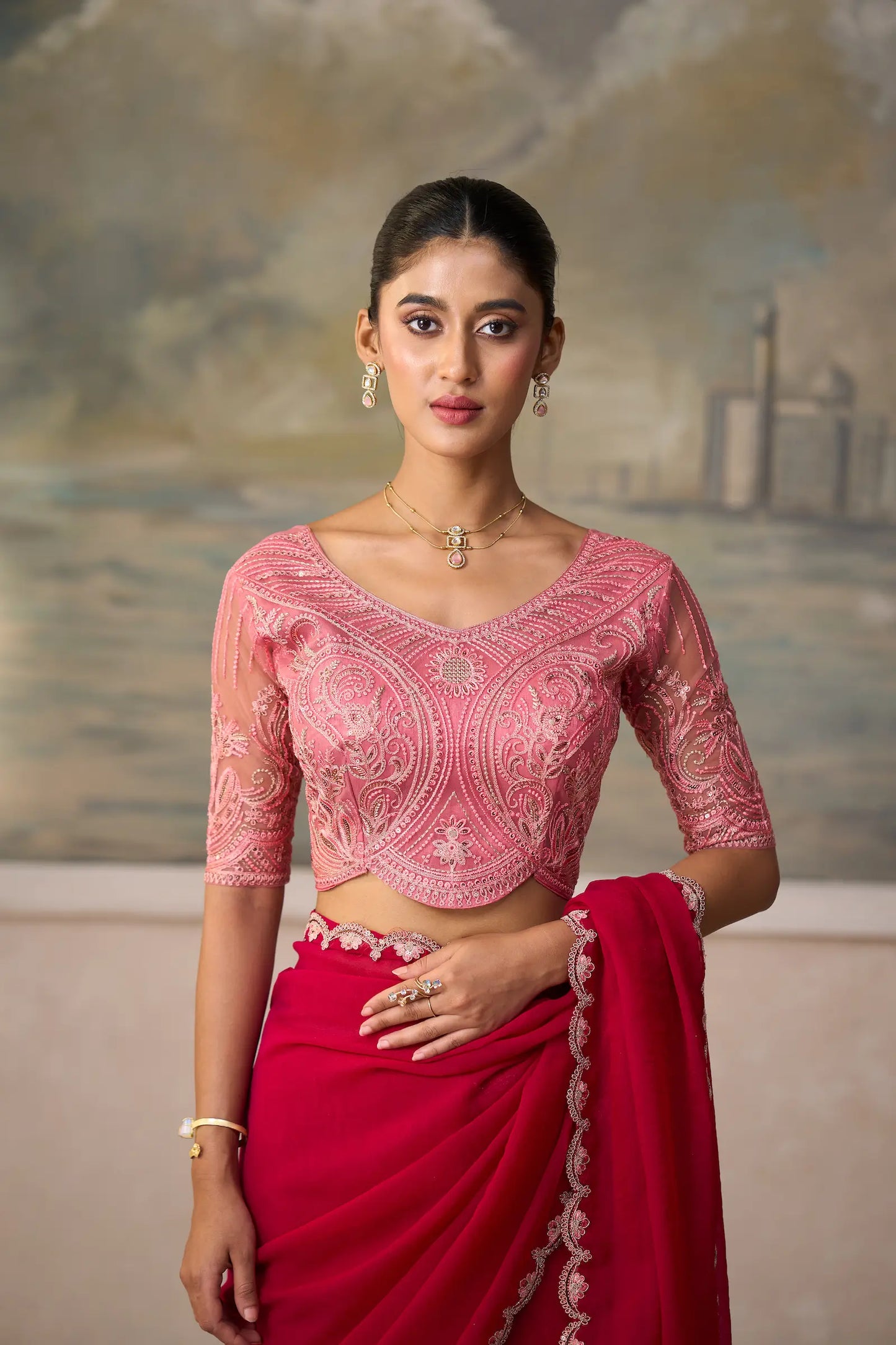 Cherry Red Georgette Embroidery Border Saree