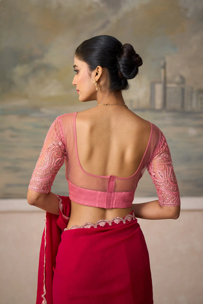 Cherry Red Georgette Embroidery Border Saree