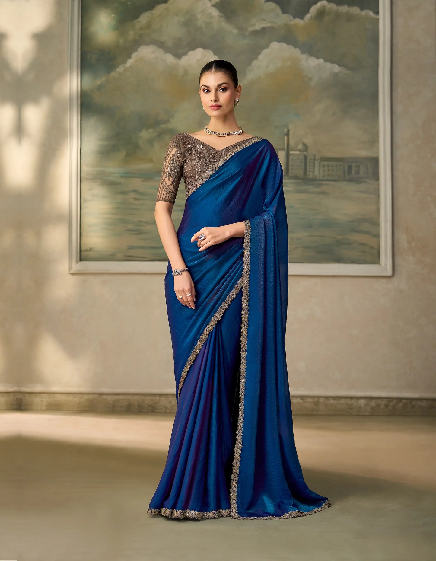 Dark Blue Satin Embroidery Border Saree