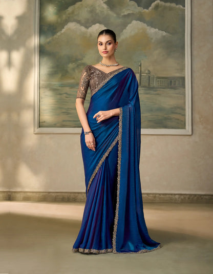 Dark Blue Satin Embroidery Border Saree