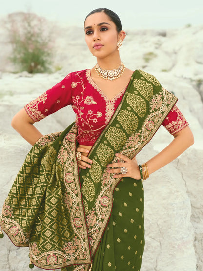 Mehendi Green Dola Silk Heavy Embroidery Saree