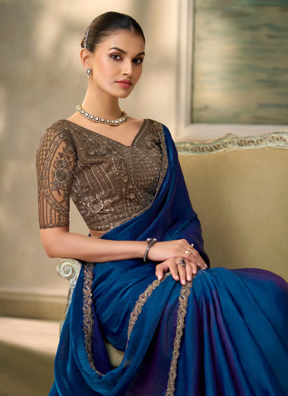 Dark Blue Satin Embroidery Border Saree