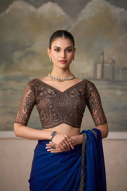 Dark Blue Satin Embroidery Border Saree