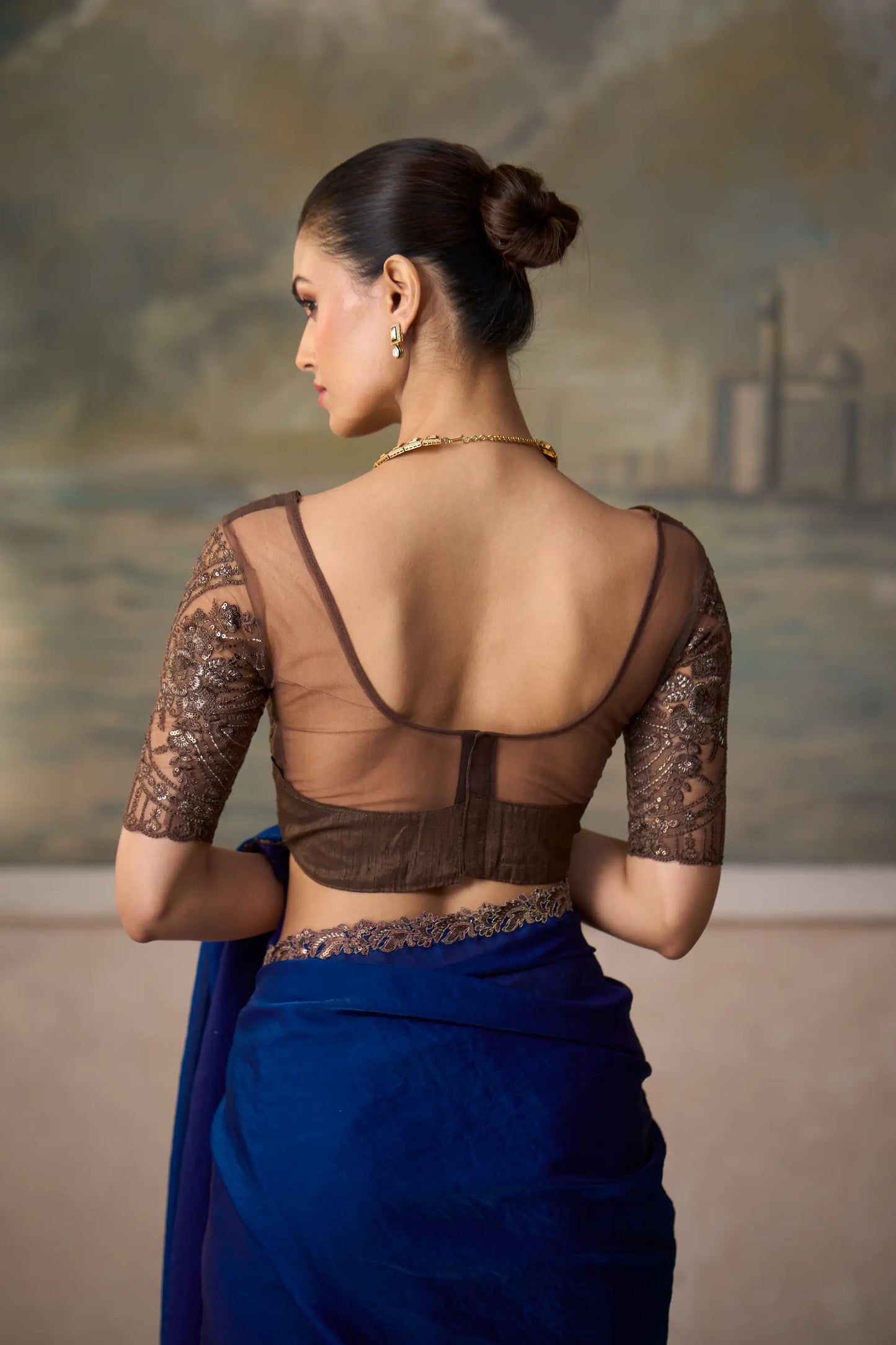 Dark Blue Satin Embroidery Border Saree