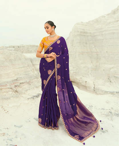Plum Purple Organza Satin Heavy Embroidery Saree
