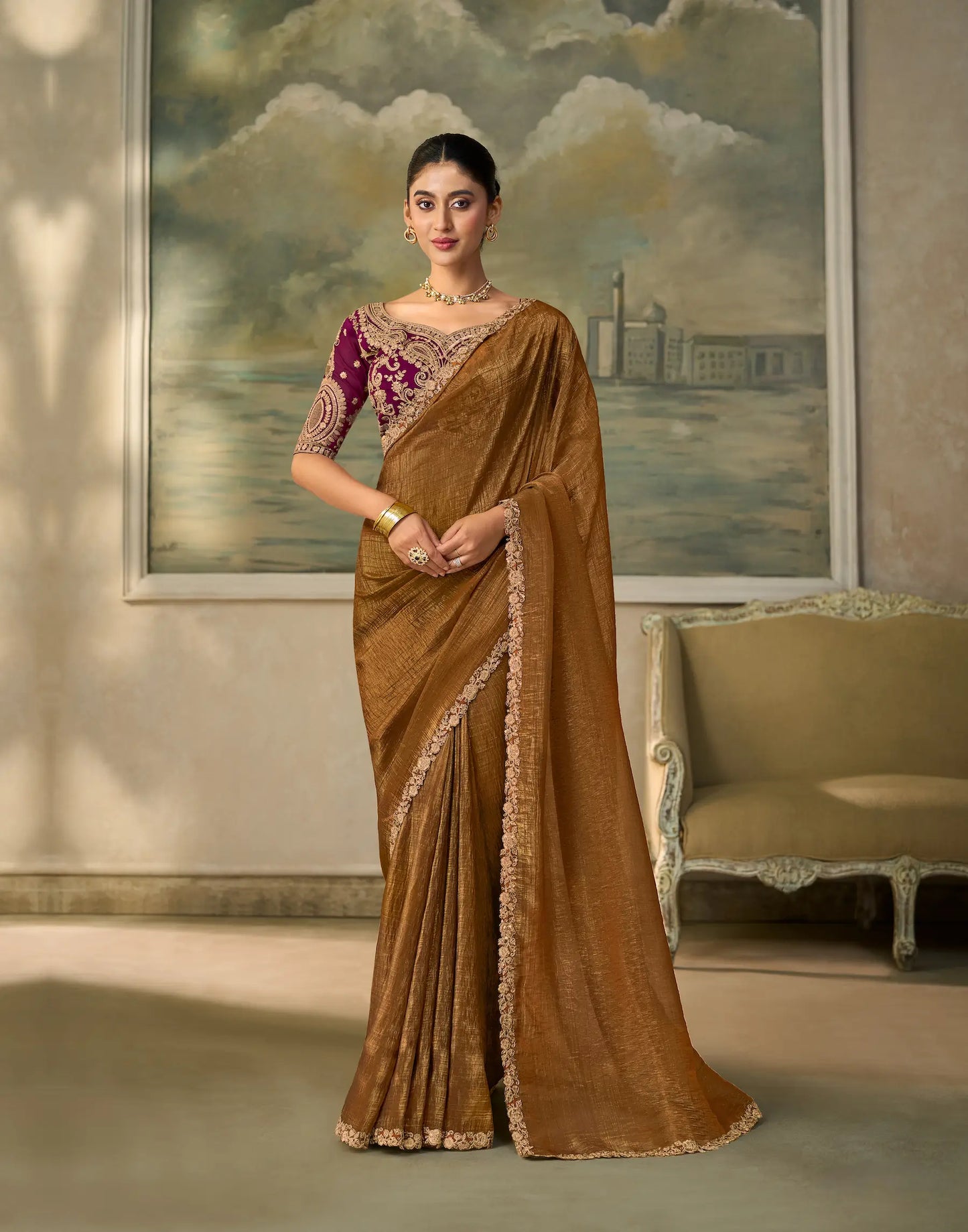 Bronze Gold Georgette Embroidery Border Saree