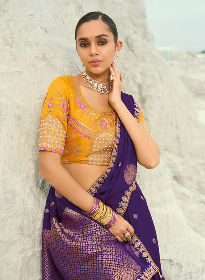 Plum Purple Organza Satin Heavy Embroidery Saree
