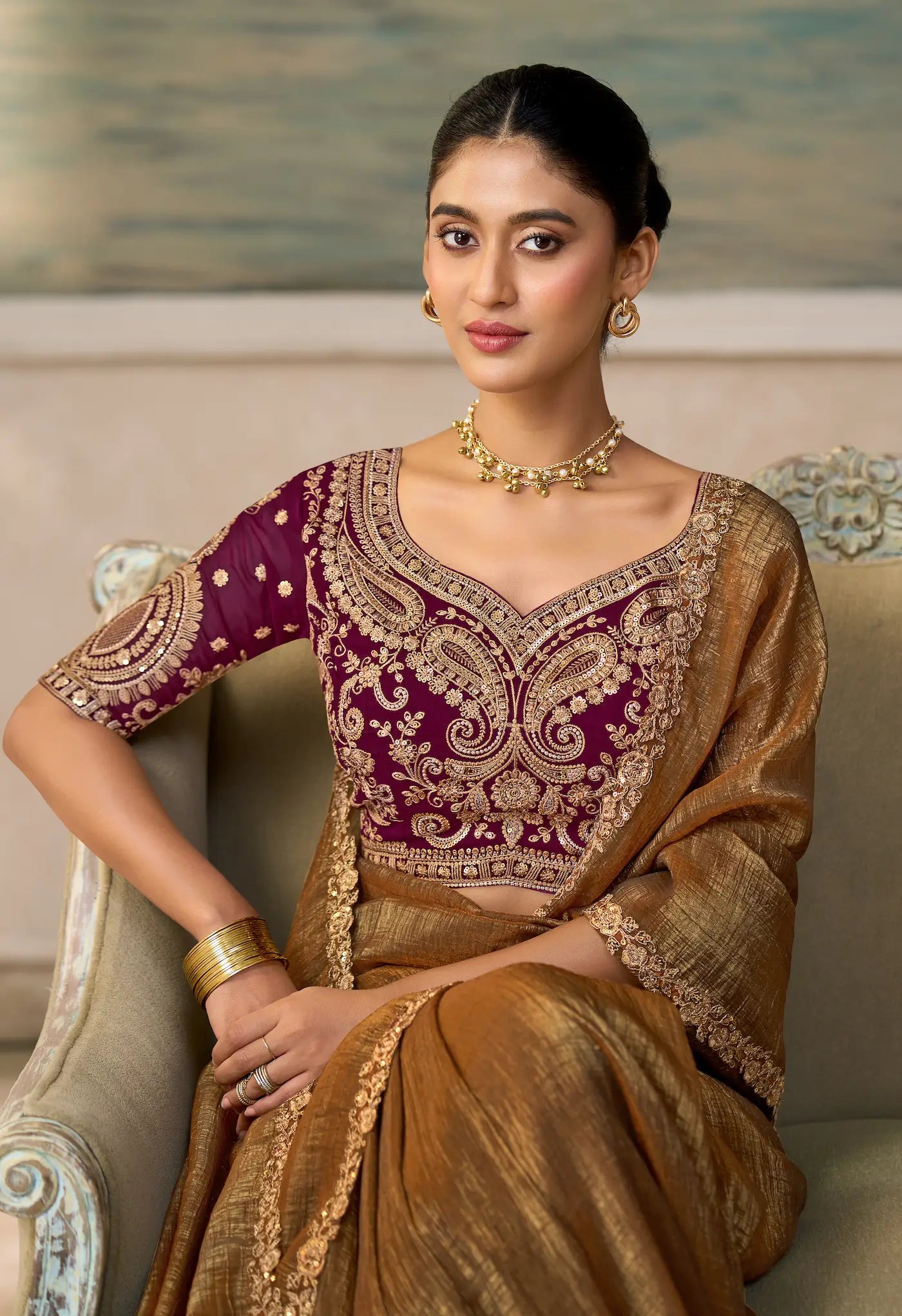 Bronze Gold Georgette Embroidery Border Saree