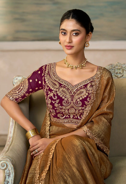 Bronze Gold Georgette Embroidery Border Saree