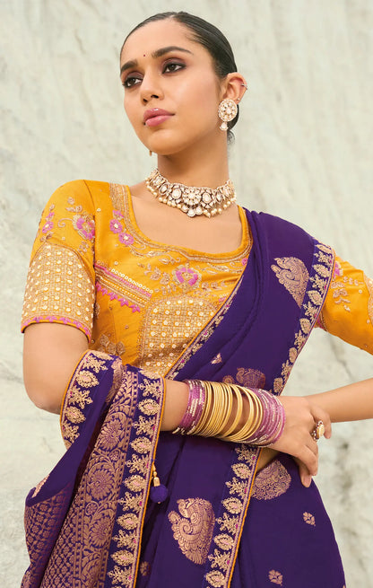 Plum Purple Organza Satin Heavy Embroidery Saree