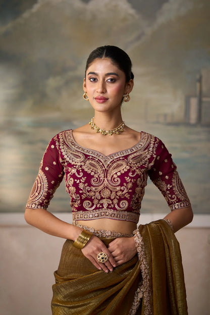 Bronze Gold Georgette Embroidery Border Saree