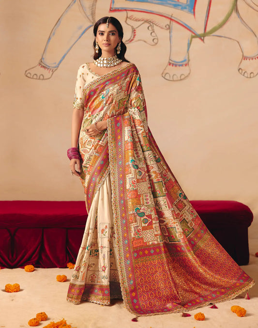 Off White Dola Silk Zari & Embroidery Saree