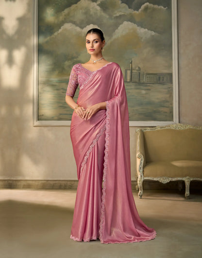 Blush Pink Chiffon Embroidery Border Saree