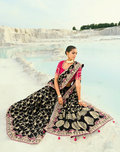 Smoky Black Dola Silk Heavy Embroidery Saree