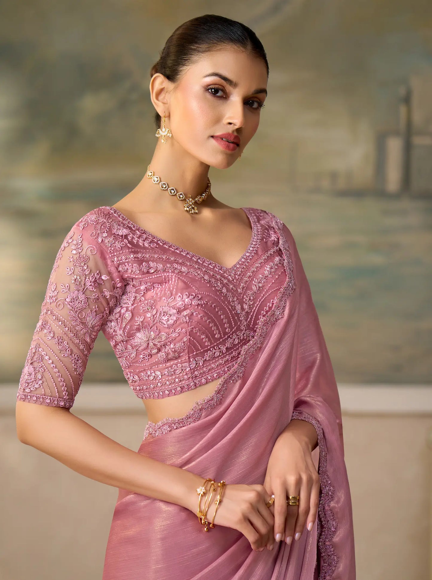 Blush Pink Chiffon Embroidery Border Saree