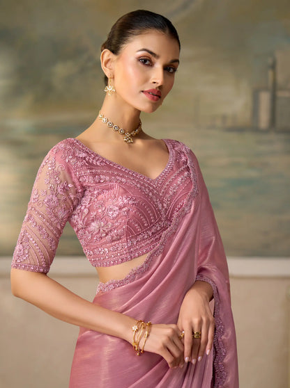 Blush Pink Chiffon Embroidery Border Saree