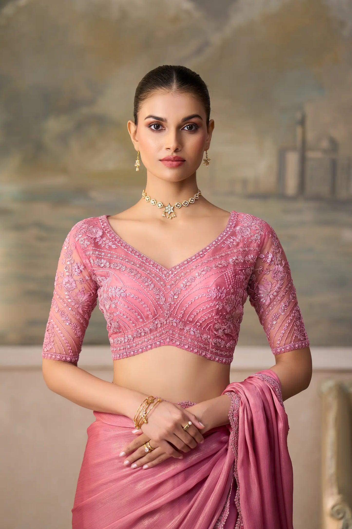 Blush Pink Chiffon Embroidery Border Saree